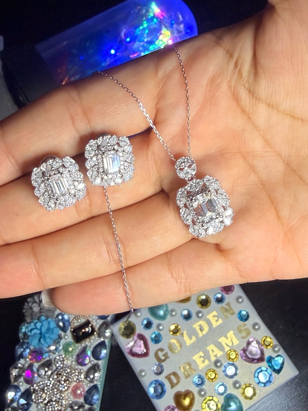 Sparkling White Crystal Halo Pendant Necklace and Earrings Set